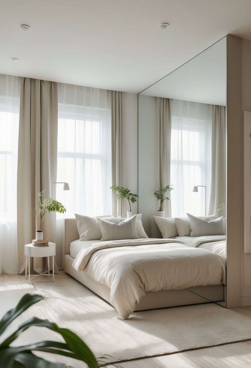 A small bedroom with a large floor-to-ceiling mirror creating an illusion of more space, featuring a bed, bedside table, lamp, and natural light from a window.