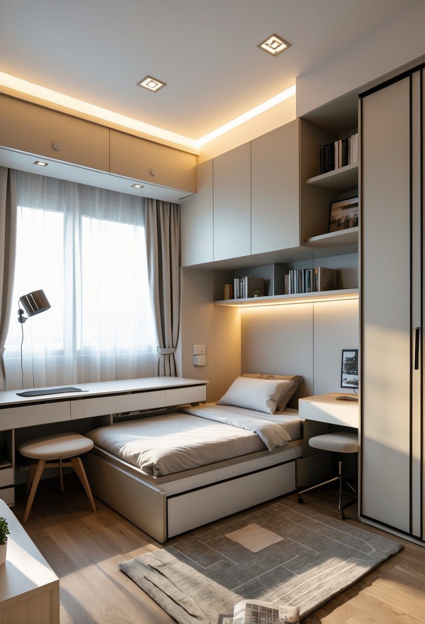 A small bedroom with a bed that has storage drawers underneath, a foldable wall desk, a wardrobe with sliding doors, floating shelves, and natural light coming through a window.