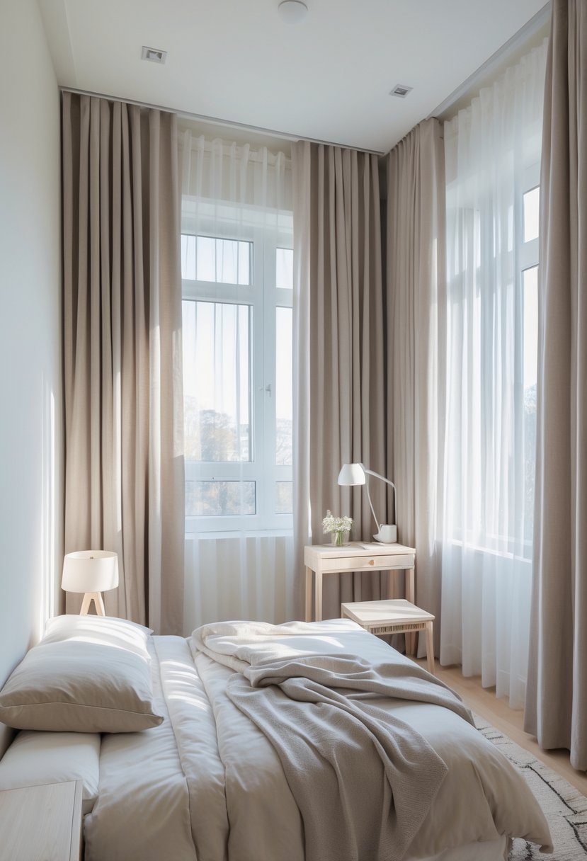 Small bedroom with curtains hung close to the ceiling, a bed, bedside table, and natural light coming through the window.