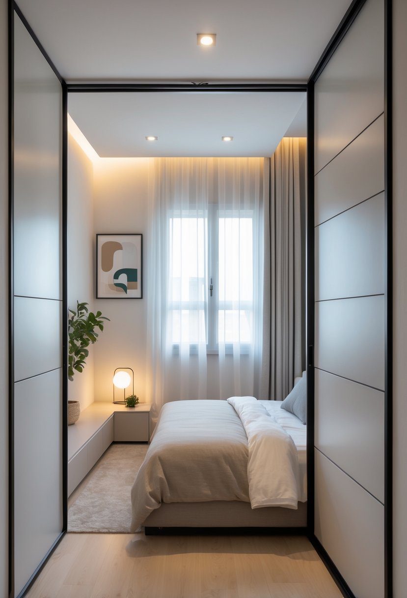A small bedroom with sliding doors, a bed, nightstand, and natural light coming through a window.