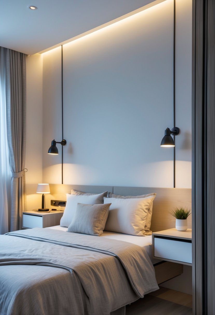 Small bedroom with a bed and two floating nightstands mounted on the wall, creating an open floor area.