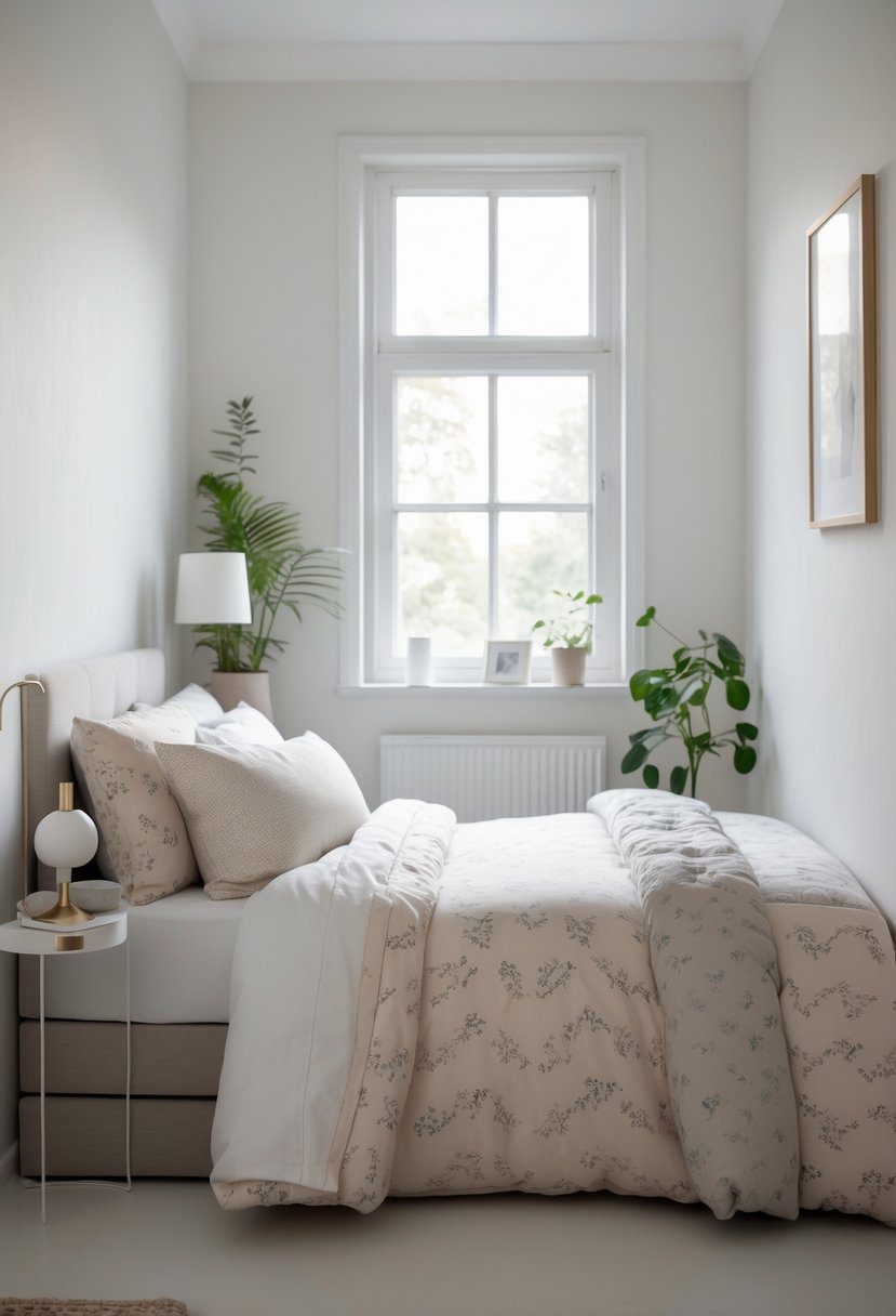 Small bedroom with a neatly made bed featuring subtly patterned bedding, natural light from a window, a bedside table with a lamp, and minimal decorative items.