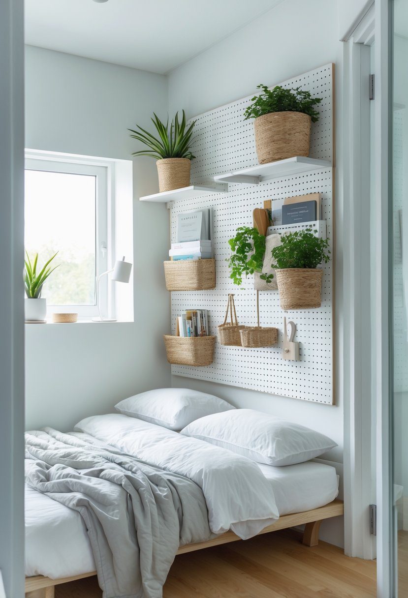 Small bedroom with pegboards on the wall used for vertical storage, showing shelves and hooks holding books and plants above a compact bed.
