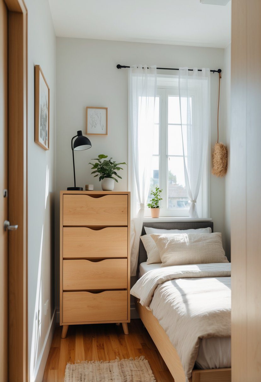 Small bedroom with a narrow tallboy dresser, a bed, and natural light coming through a window.