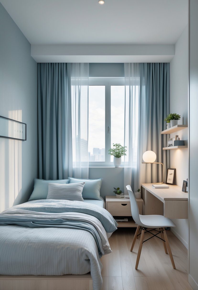 A small bedroom with a neatly made bed, soft color tones, a bedside table with a lamp, a floating shelf, and natural light coming through a window.