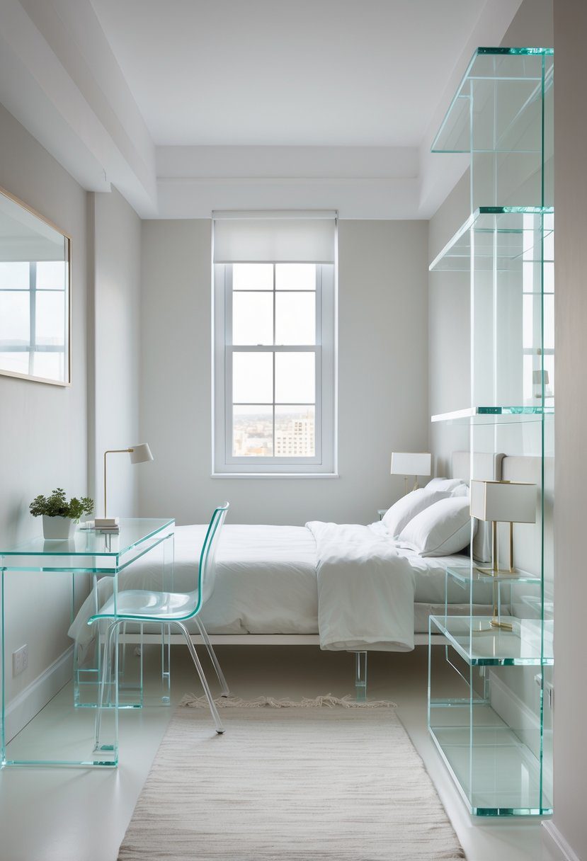 A small bedroom with glass furniture including a desk, bedside table, and shelving, filled with natural light and minimal decor.
