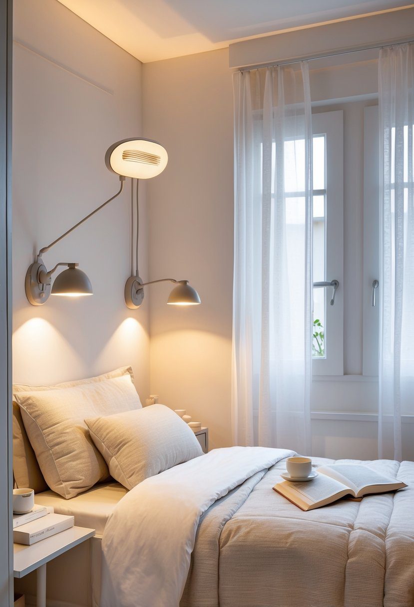 Small bedroom with a bed and wall-mounted reading lamps on each side providing warm light.