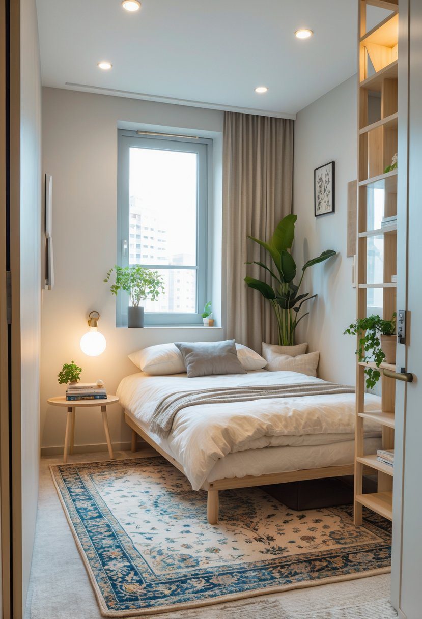 A small bedroom with a bed and a separate sitting area, each defined by different rugs on the floor.
