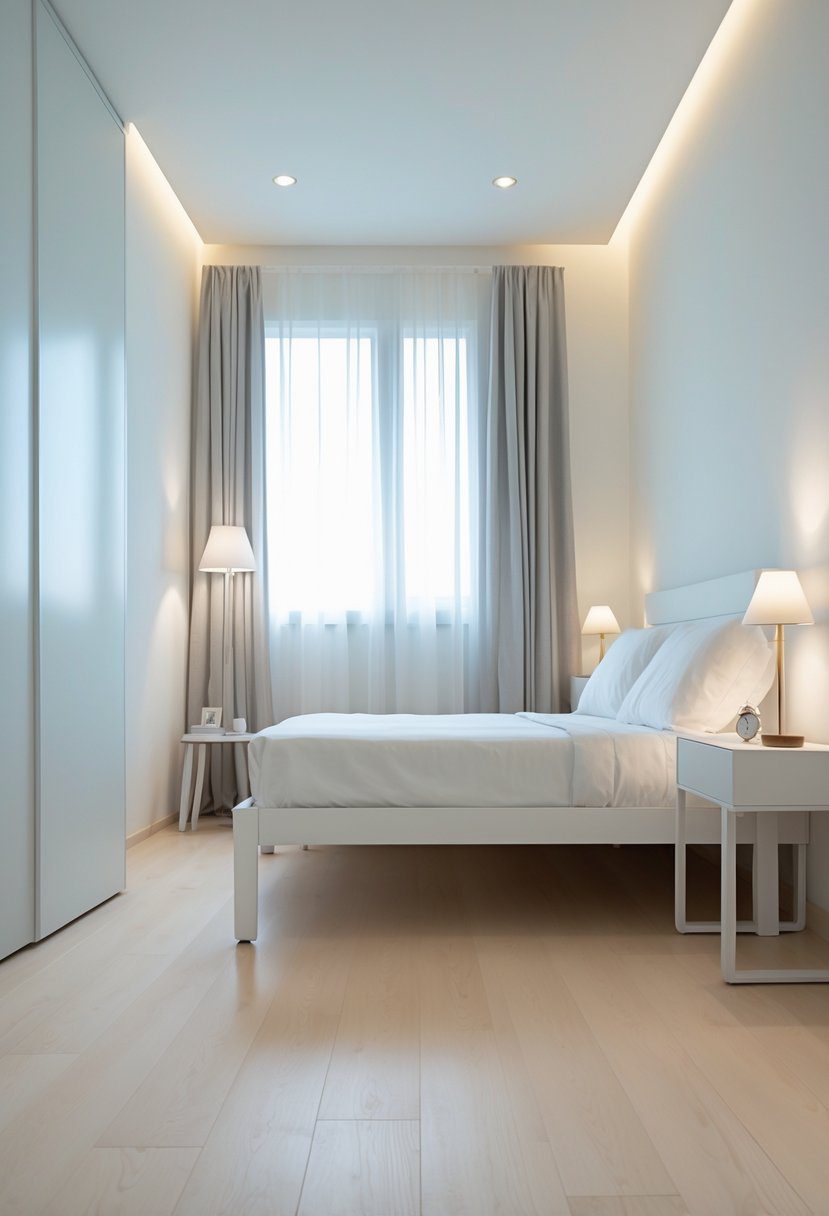 A small bedroom with a bed and nightstand that have exposed legs, bright natural light, and light hardwood flooring.