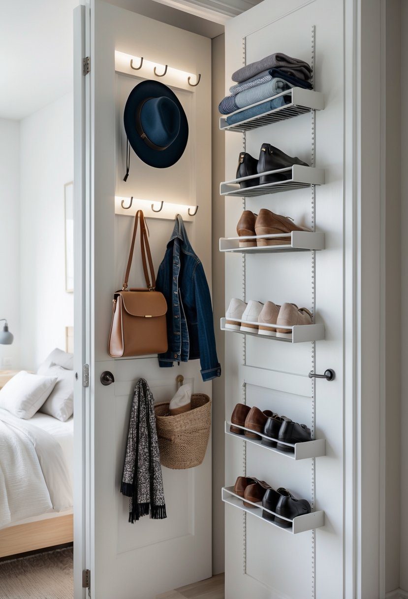 A small bedroom with hooks and racks mounted behind a closet door holding bags, hats, and shoes for extra storage.