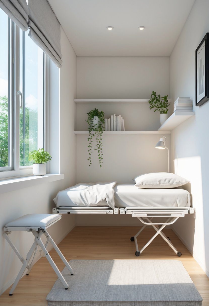 A small bedroom with foldable furniture including a wall-mounted desk, foldable bed, and chair, lit by natural light from a window.