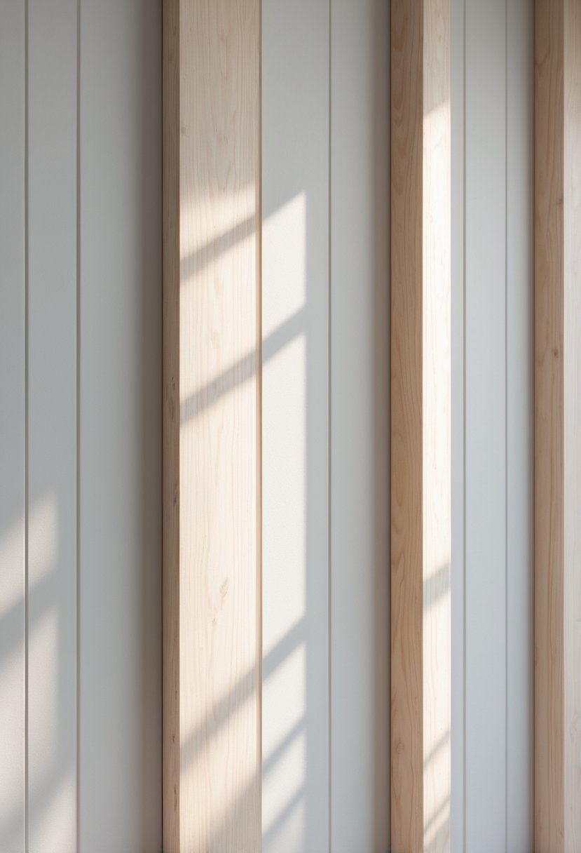 Close-up view of a vertical board and batten wall with evenly spaced wooden battens over painted wooden boards.
