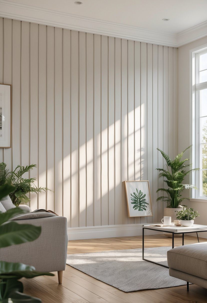 Interior living room with a light-colored board and batten wall, modern furniture, and natural sunlight.