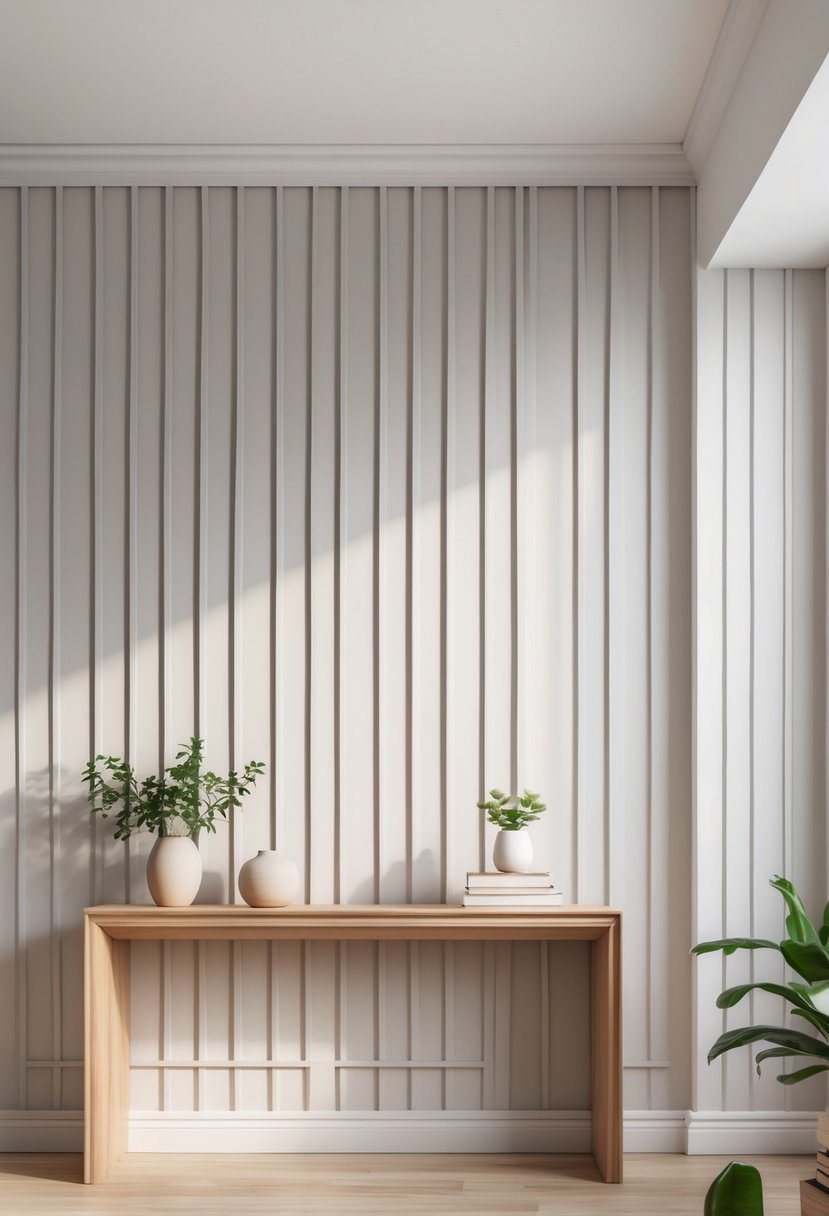 Interior room with a wall featuring vertical wooden battens and simple furniture including a console table with decorative items.