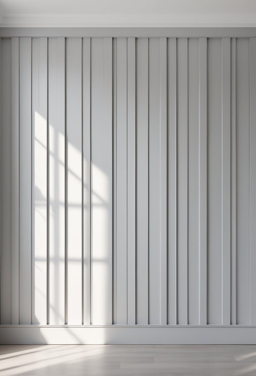 A close-up view of a light-colored board and batten wall with evenly spaced vertical battens.