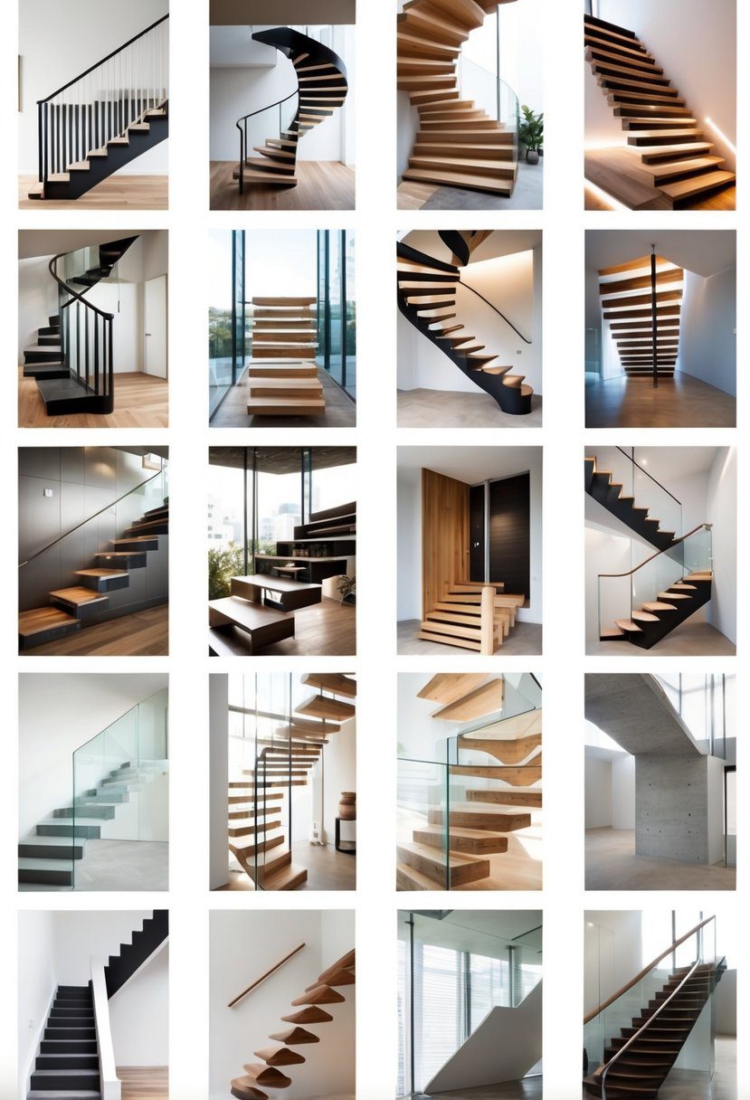 A collection of sixteen different staircase designs displayed together, showing a variety of shapes, materials, and styles.