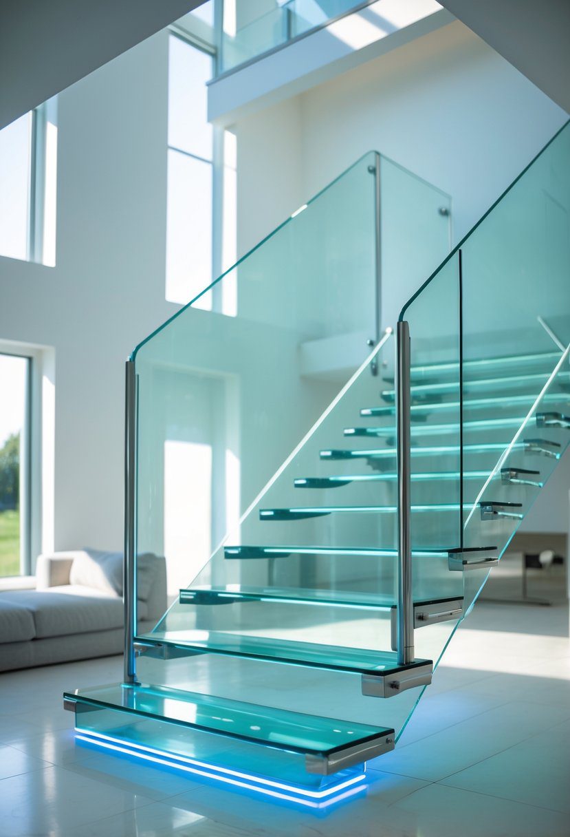 A modern floating glass staircase with LED lighting in a bright, minimalist interior.