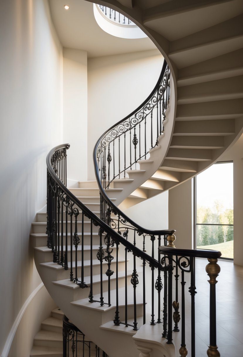 A spiral staircase with a wrought iron railing inside a modern interior.