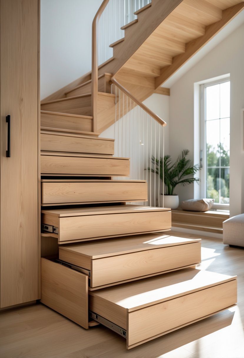 A wooden staircase with built-in storage drawers integrated into each step inside a modern home.