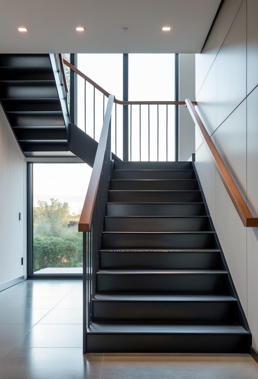 A black steel staircase with a wooden handrail inside a bright room.