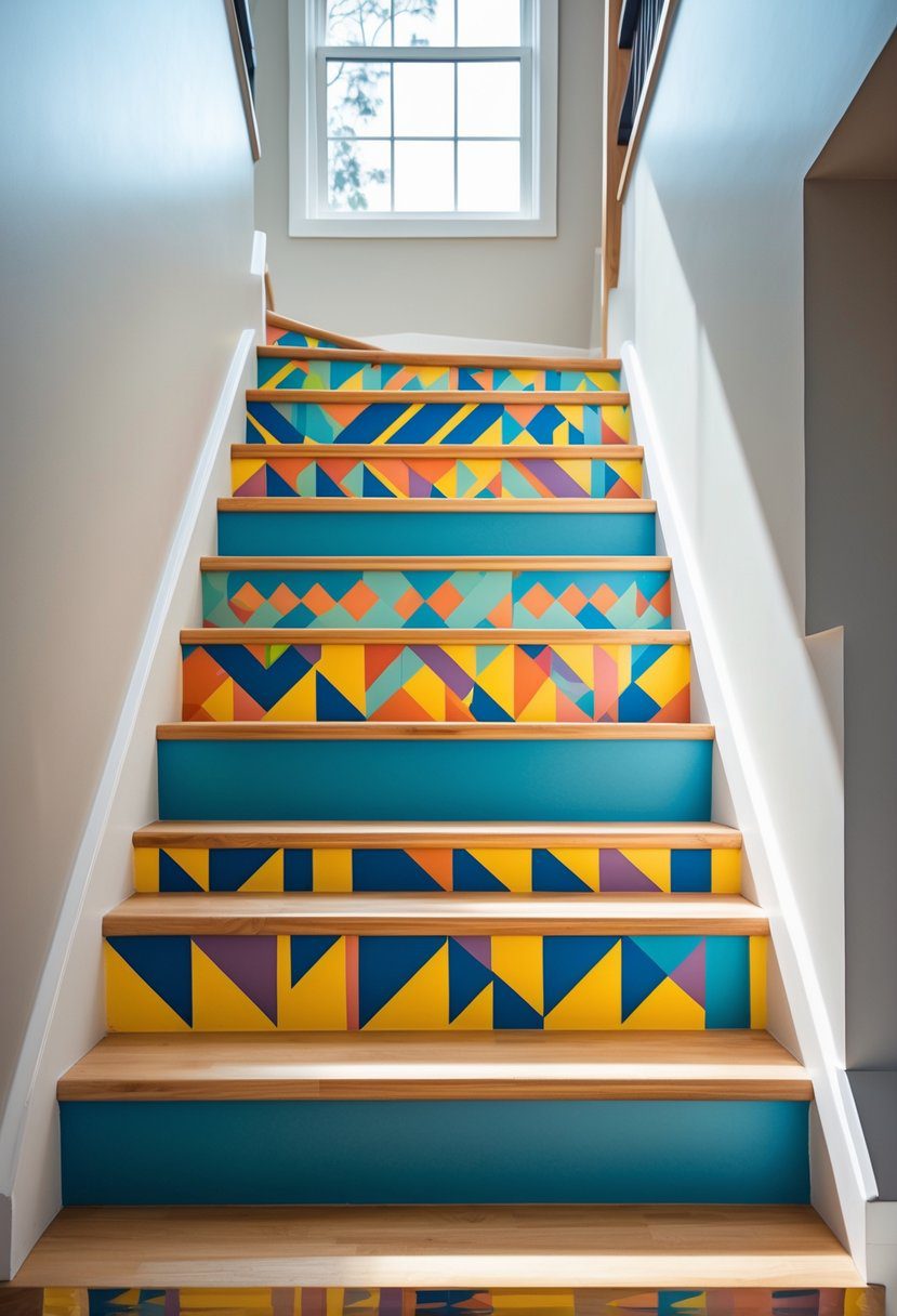 A staircase with painted risers featuring colorful geometric patterns in a bright indoor space.