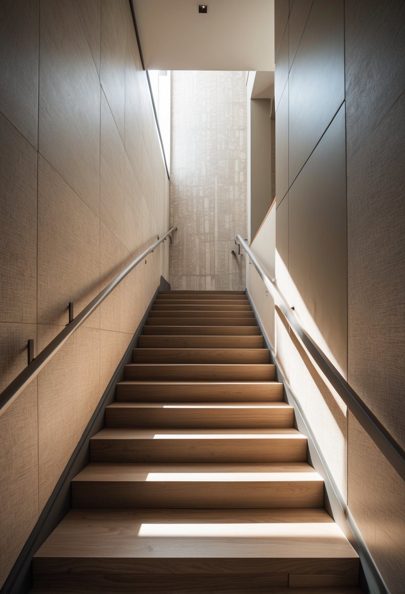 A stairwell with wooden steps and wallpapered walls featuring a subtle patterned design.