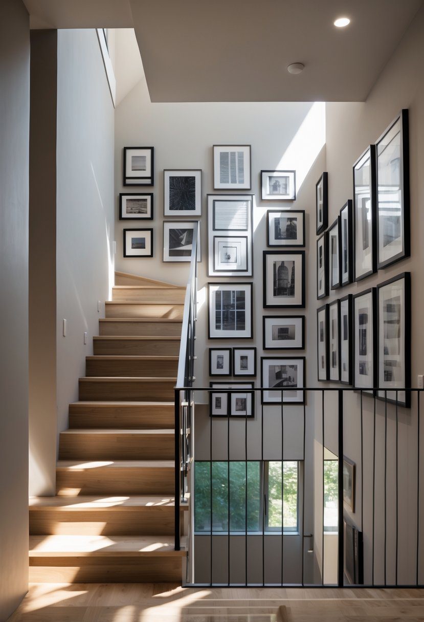 A staircase landing with wooden steps and a gallery wall displaying framed artworks and photographs.