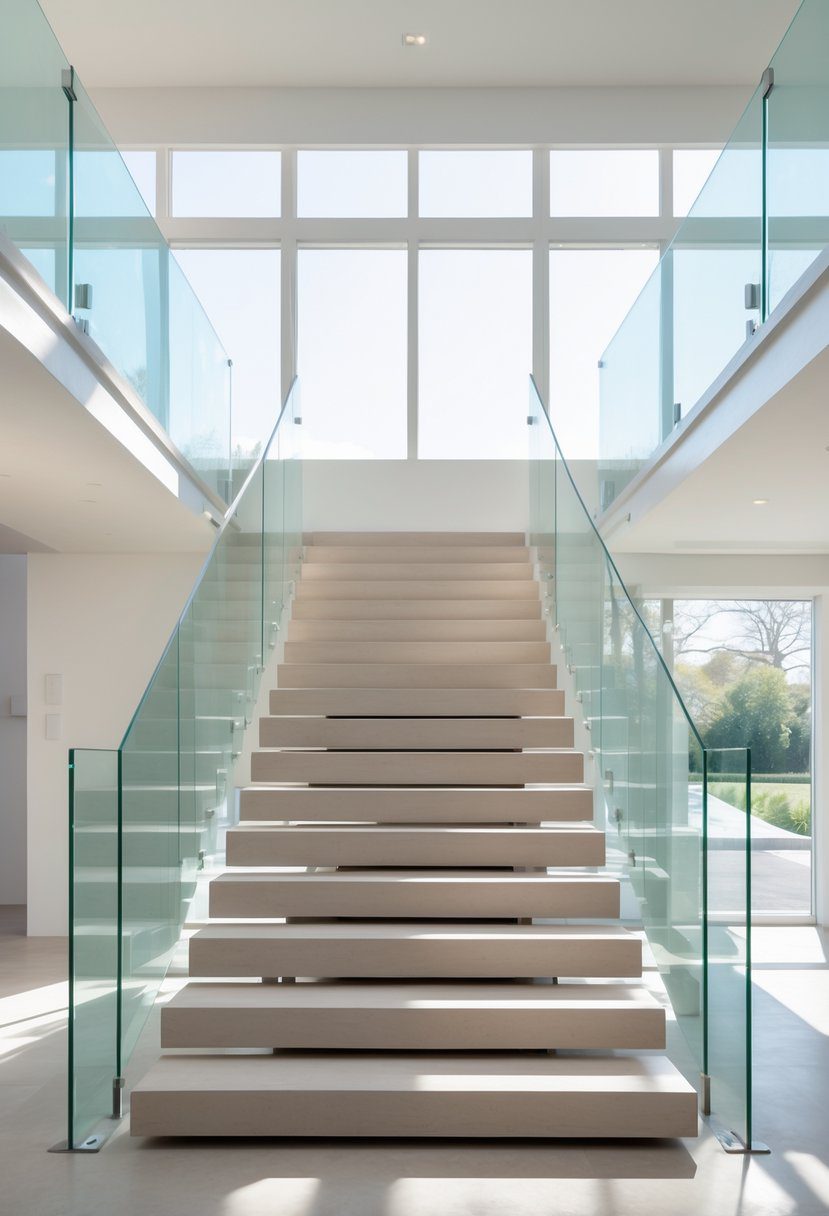 A modern staircase with sixteen floating steps and transparent glass railings in a bright interior space.