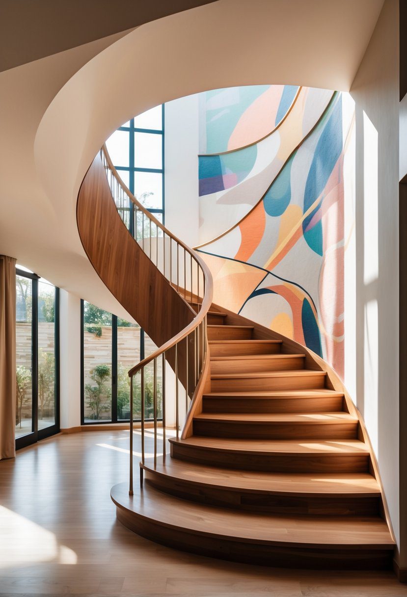 Curved wooden staircase with metal railings next to a colorful mural on the wall in a well-lit interior space.