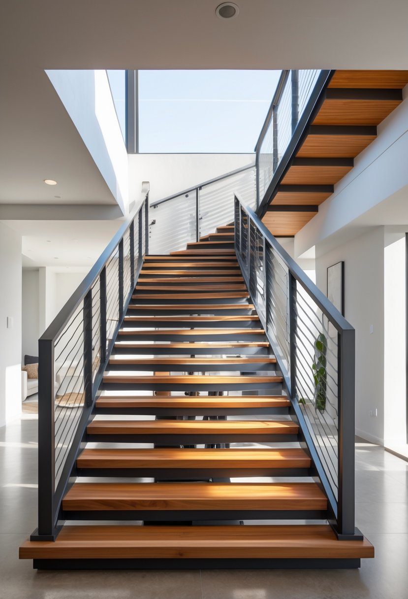 A modern staircase with open risers made of wood steps and steel supports inside a bright room.