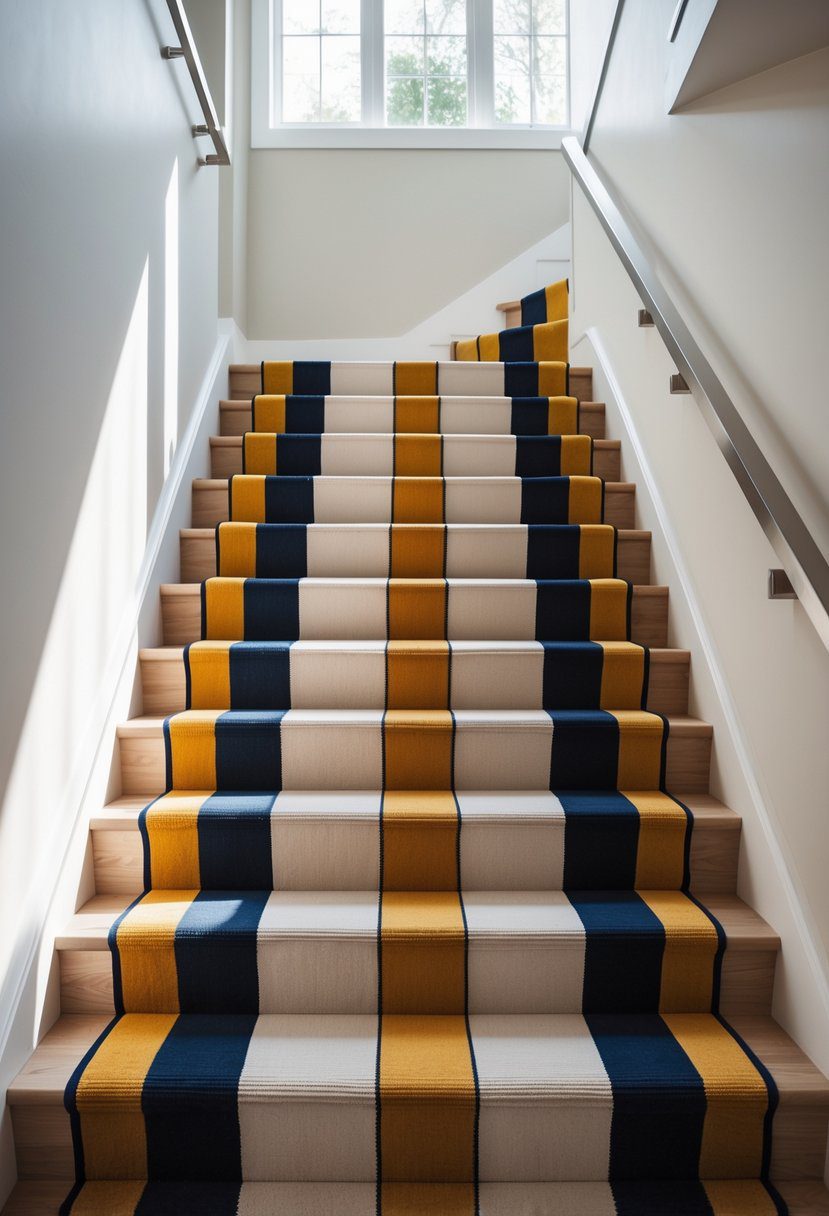 A staircase with sixteen steps covered by a striped carpet runner in contrasting colors, with wooden stairs and a metal handrail.