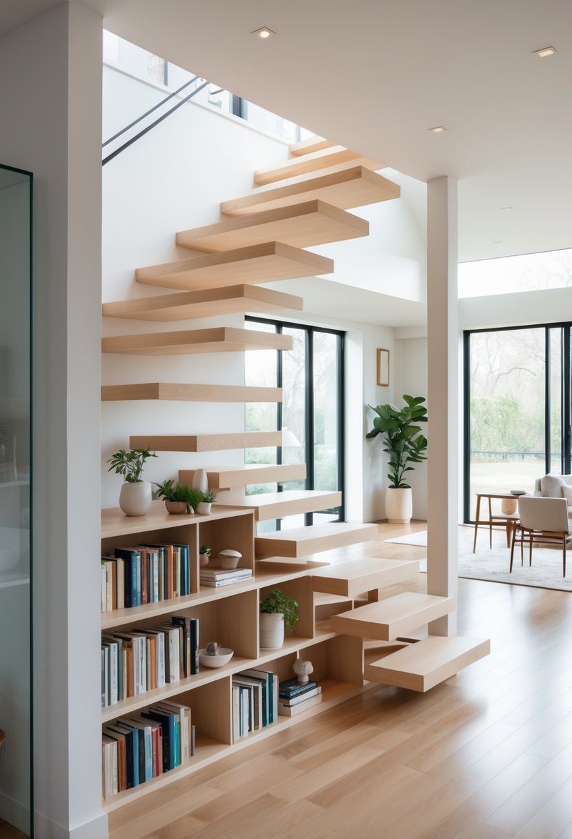 An open staircase with wooden steps and a built-in bookshelf underneath filled with books and decorative items in a bright living room.