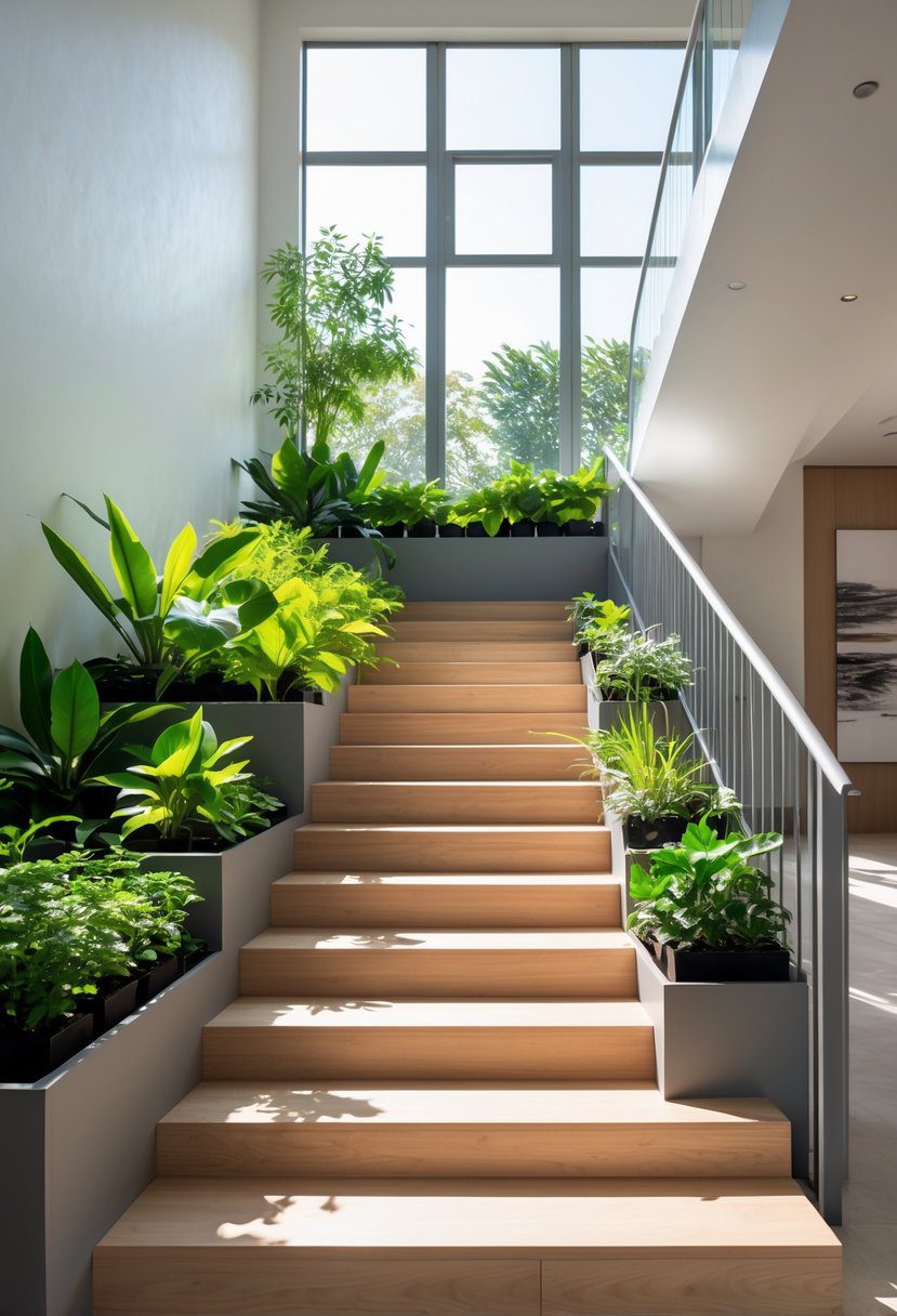 A modern indoor staircase with planter boxes integrated into each step, filled with green plants.