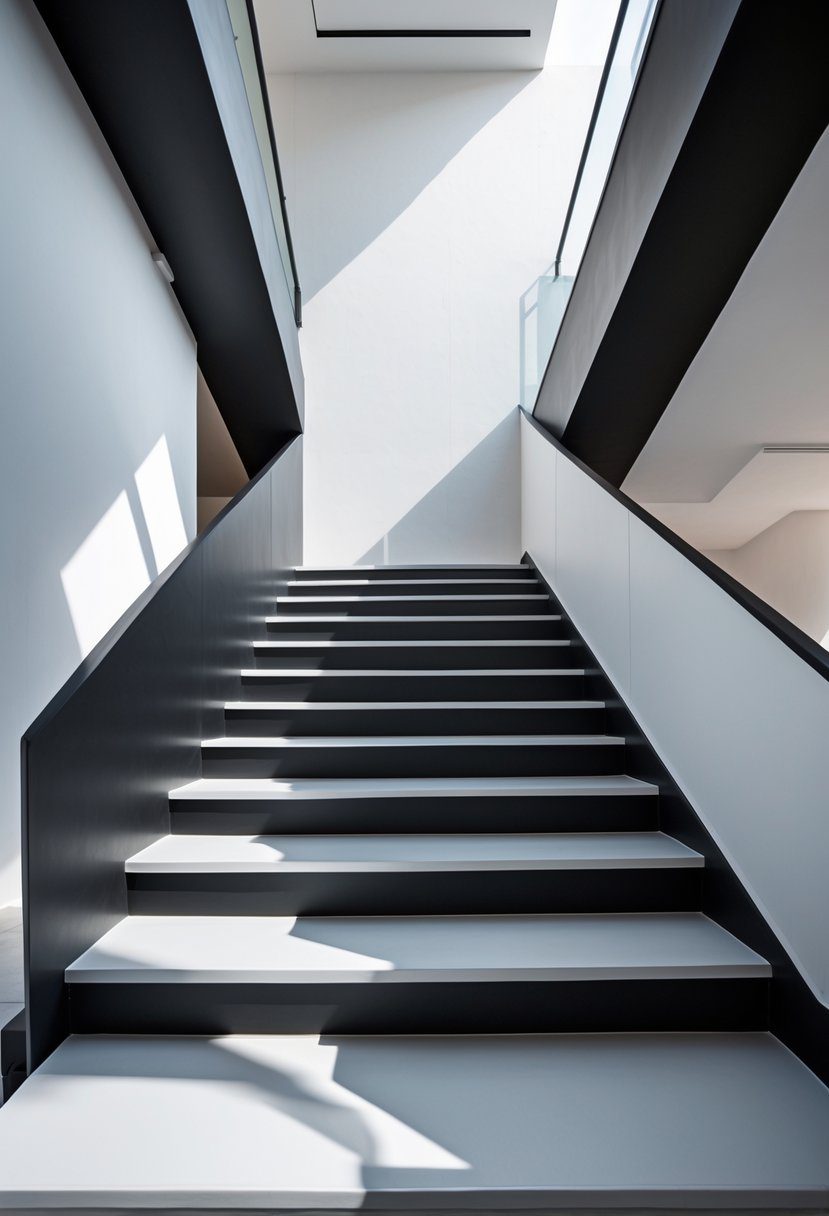 A modern monochrome painted staircase with clean lines and a simple railing in a bright interior space.