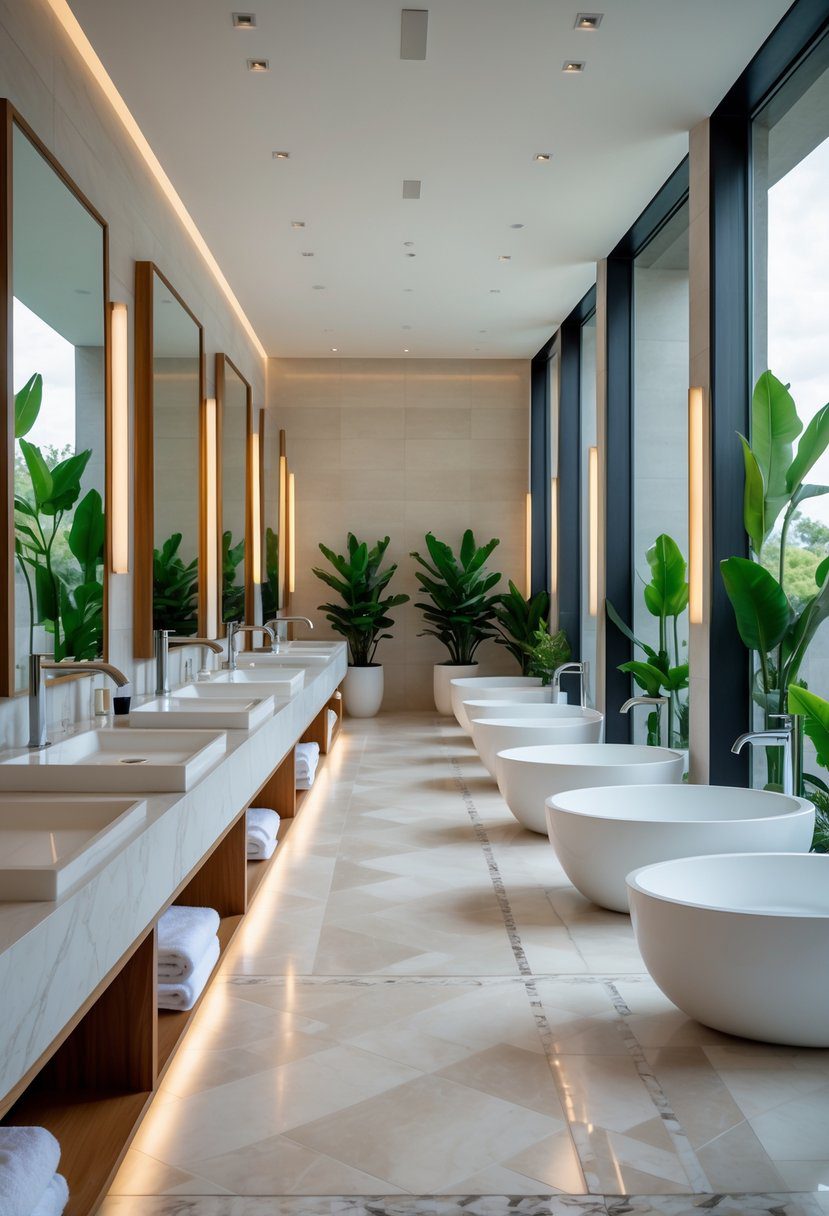 A spacious bathroom featuring twelve sinks, mirrors, and bathtubs arranged neatly with natural light and plants.