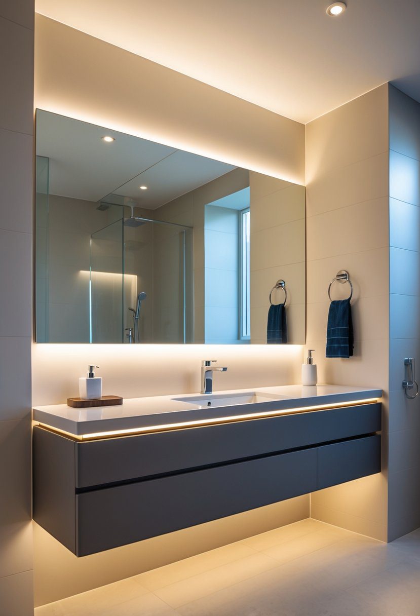 A modern bathroom with a floating vanity illuminated by integrated LED lights beneath it.