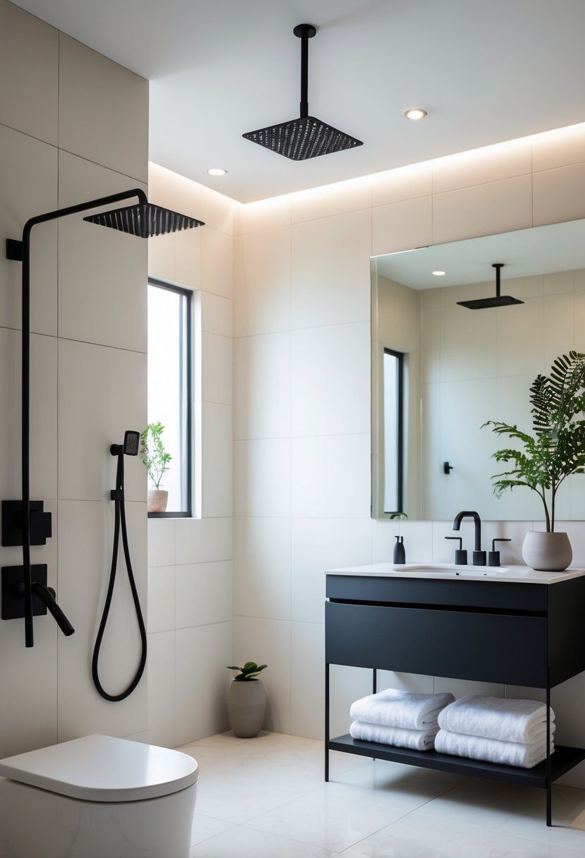A modern bathroom with matte black fixtures, including a faucet and showerhead, against light-colored tiles and a large mirror.
