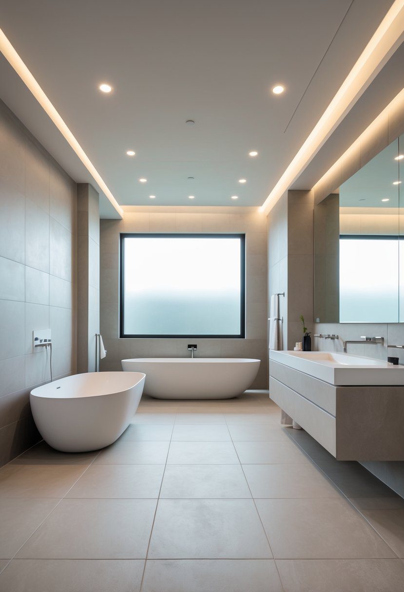 A spacious bathroom with large-format porcelain tiles covering the seamless floor, featuring a freestanding bathtub and a wall-mounted vanity.