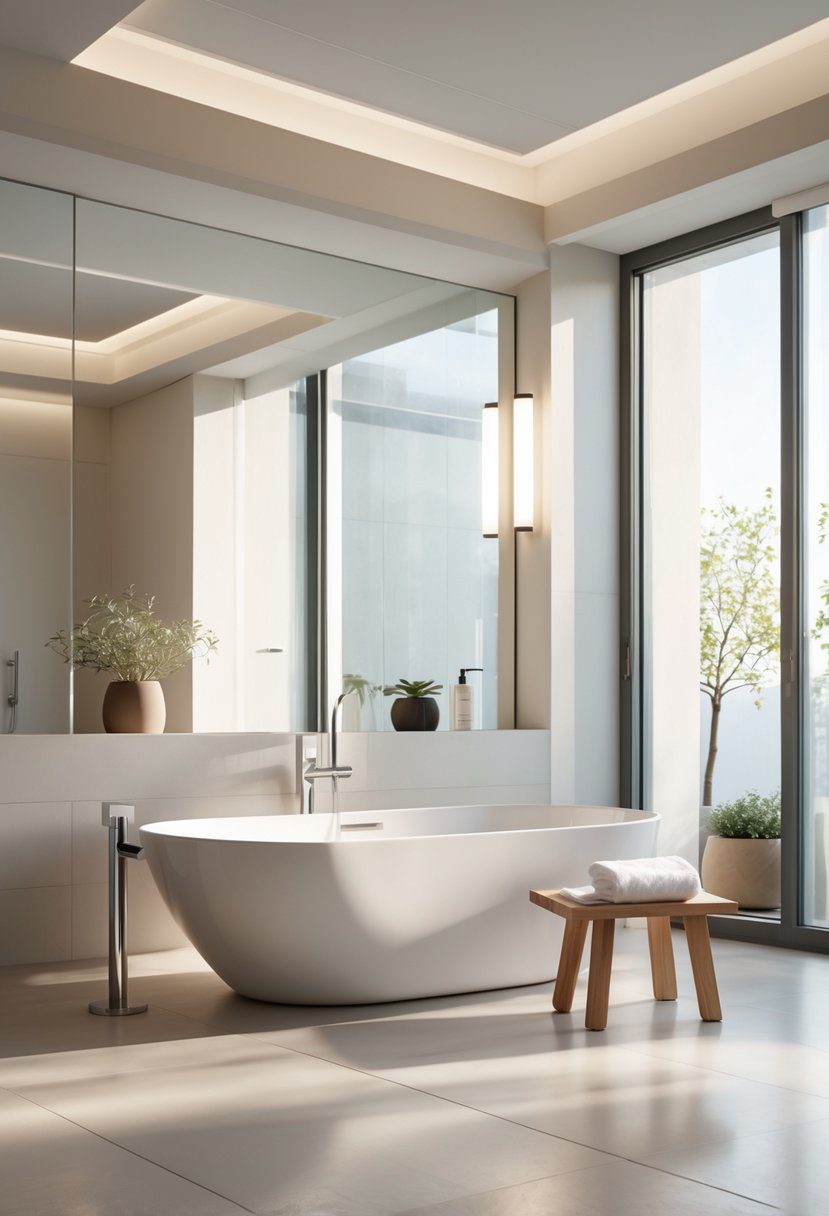 A spacious bathroom with a freestanding soaking tub, natural light, and minimalist decor.