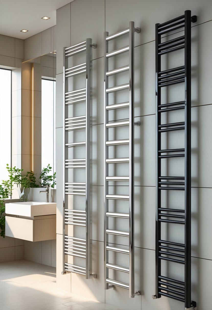 A modern bathroom with twelve heated towel racks mounted on the walls, surrounded by clean tiles and bathroom fixtures.