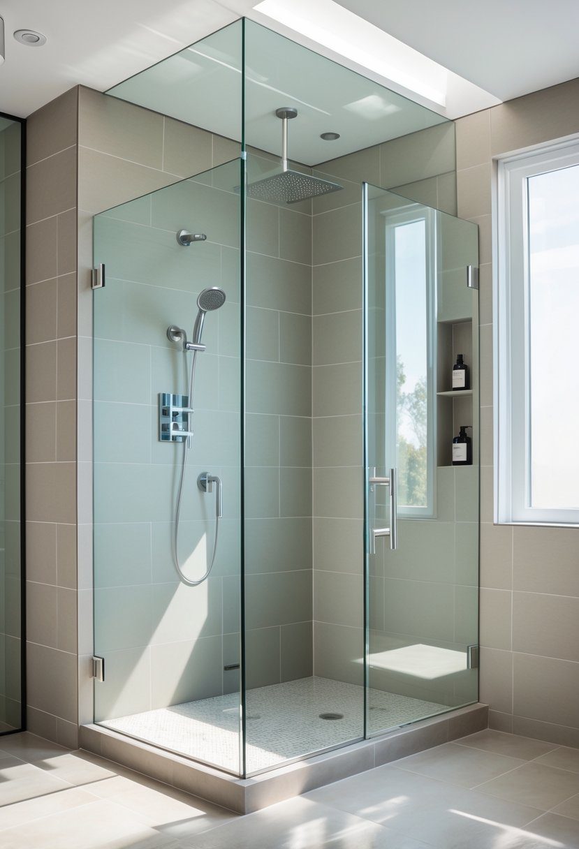 A spacious bathroom featuring a large frameless glass shower enclosure with modern fixtures and tiled walls and floor.