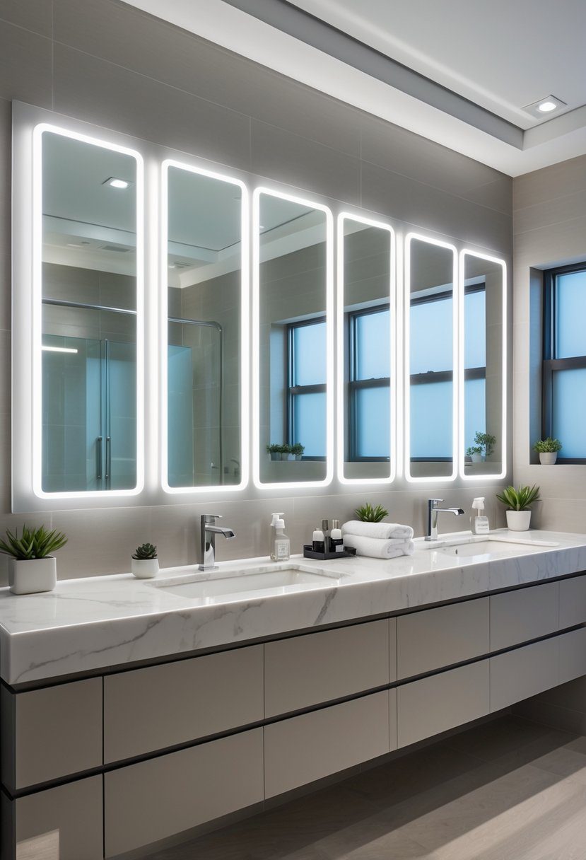 A modern bathroom with twelve backlit mirrors above a double sink vanity, featuring clear, fog-free mirror surfaces and contemporary fixtures.