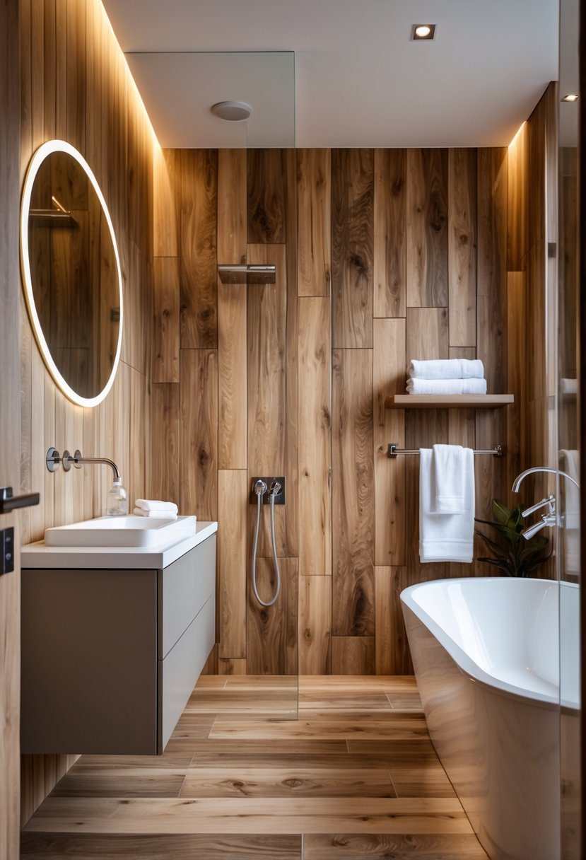A bathroom with wood-look ceramic tile flooring and walls, a white bathtub, a vanity with a round mirror, and folded towels on a wooden shelf.
