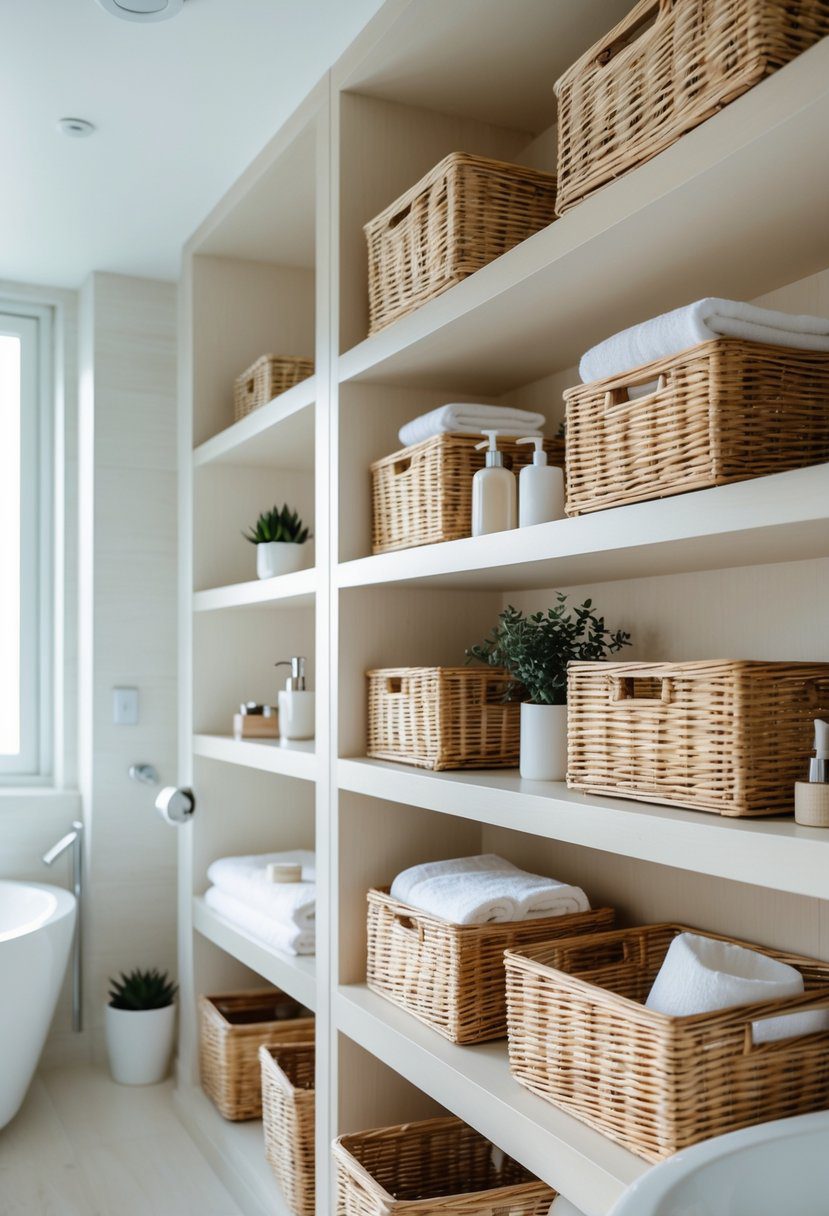 Bathroom with open shelves holding wicker baskets for storage.