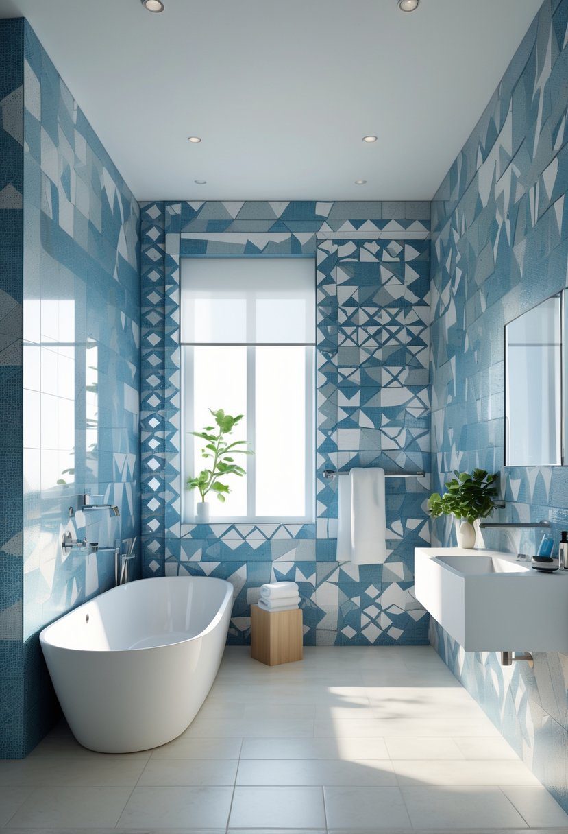 A bathroom with two walls covered in geometric mosaic tiles, a freestanding bathtub, a floating vanity, and natural light coming through a window.