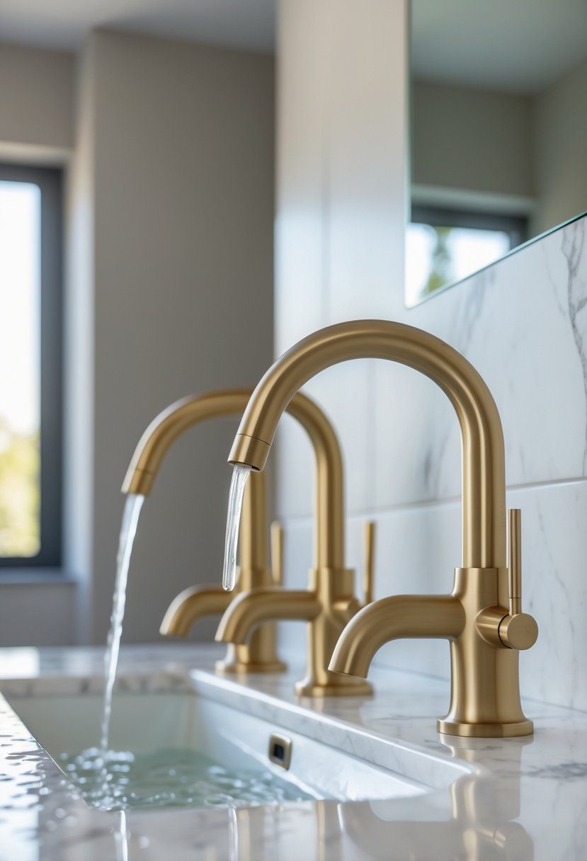 Close-up of two brushed brass bathroom faucets on a white marble countertop in a modern bathroom.