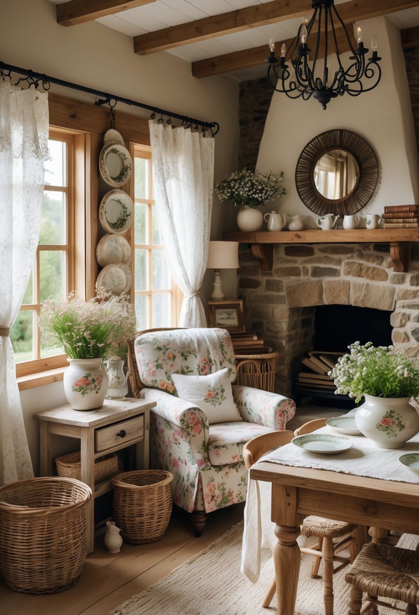 A cozy cottage interior featuring rustic wooden furniture, floral cushions, a stone fireplace, wicker baskets, fresh flowers, and natural sunlight coming through a window.
