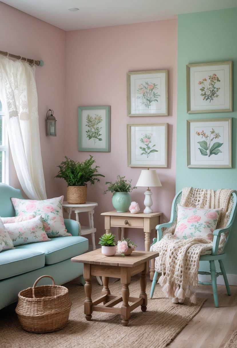 A cozy cottage room with pastel-colored walls and various decorative items like wooden furniture, plants, and cushions.