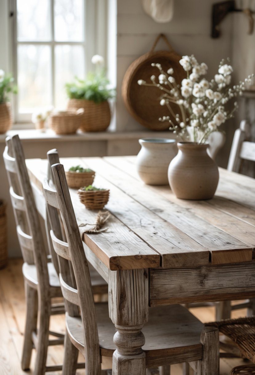 A cozy room with distressed wooden furniture including a dining table and chairs, decorated with flowers and pottery, illuminated by natural light.