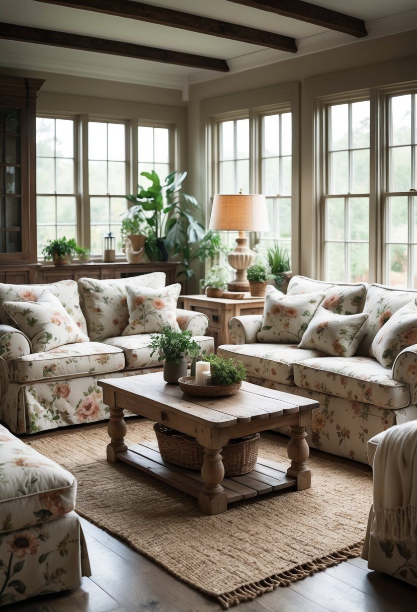 Living room with floral patterned slipcovered sofas arranged around a coffee table in a bright, inviting space.